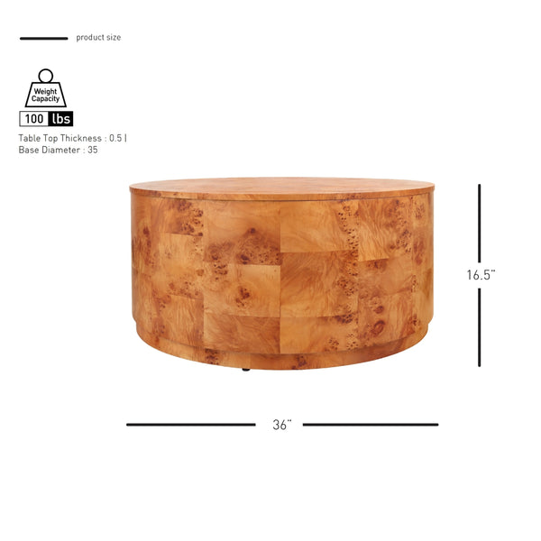 Arsenio Burl Wood Round Coffee Table, Golden Brown Burl
