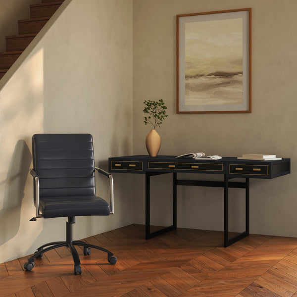 Mako Three-Drawer Desk in Black Vegan Leather