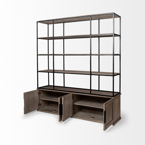 Braxton I Light Brown Wood and Iron Three Shelf Shelving Unit 81.5L x 18.5W x 90