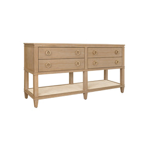 FOUR DRAWER CONSOLE WITH OPEN CANE SHELF IN CERUSED OAK