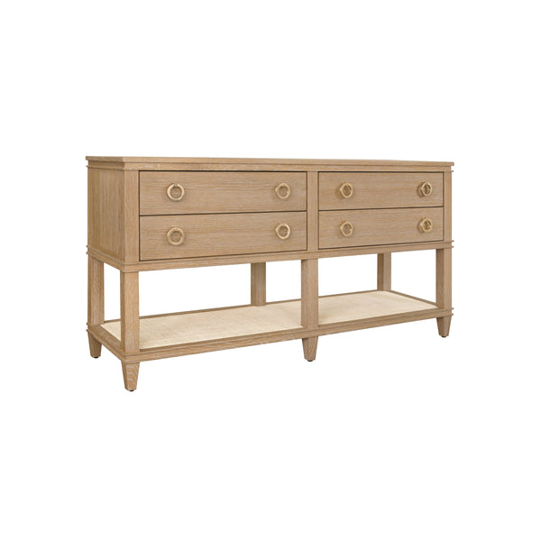FOUR DRAWER CONSOLE WITH OPEN CANE SHELF IN CERUSED OAK