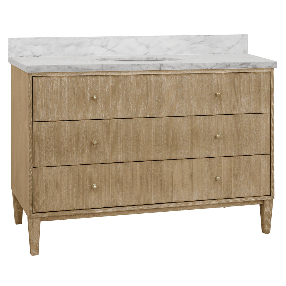 BATH VANITY WITH VERTICAL FLUTED DETAIL ON DRAWERS IN CERUSED OAK WITH WHITE MARBLE TOP, PORCELAIN SINK, AND POLISHED BRASS KNOBS, 48" WIDE