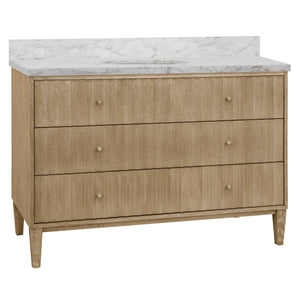 BATH VANITY WITH VERTICAL FLUTED DETAIL ON DRAWERS IN CERUSED OAK WITH WHITE MARBLE TOP, PORCELAIN SINK, AND POLISHED BRASS KNOBS, 48" WIDE