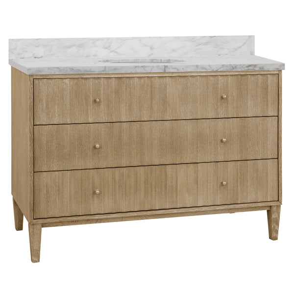 BATH VANITY WITH VERTICAL FLUTED DETAIL ON DRAWERS IN CERUSED OAK WITH WHITE MARBLE TOP, PORCELAIN SINK, AND POLISHED BRASS KNOBS, 48" WIDE
