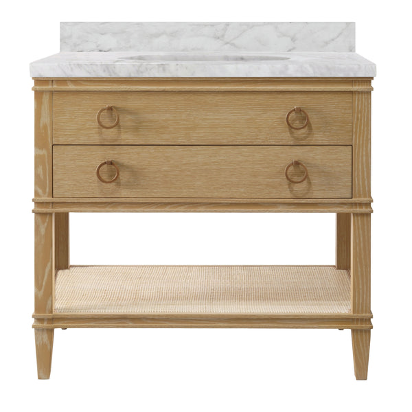 BATH VANITY IN CERUSED OAK WITH OPEN CANE SHELF, WHITE MARBLE TOP, PORCELAIN SINK, AND ANTIQUE BRASS RING HARDWARE