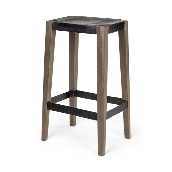 Nell 30" Seat Height Black Metal Seat & Foot Rest With Brown Wood Legs Stool