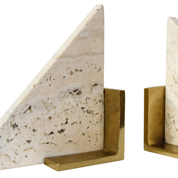TRIANGLE SHAPED TRAVERTINE MARBLE BOOKEND WITH BRASS BASE