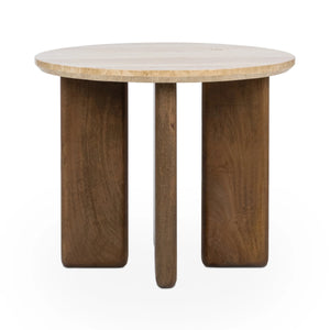 Idella Travertine Round End Table with Mango Wood Legs - Tan