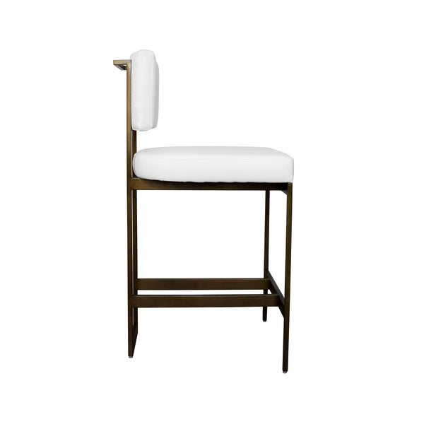 MODERN COUNTER STOOL WITH WHITE VINYL CUSHION IN BRONZE