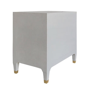 THREE DRAWER SIDE TABLE IN LIGHT GREY SHAGREEN WITH ANTIQUE BRASS AND ACRYLIC HARDWARE