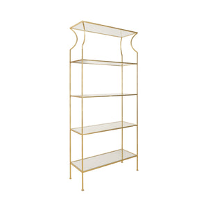FLARED TOP ETAGERE WITH CLEAR GLASS SHELVES IN GOLD LEAF