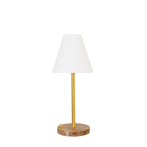 RECHAREABLE TABLE LAMP WITH ADJUSTABLE POLE IN BRASS AND WHITE LINEN SHADE