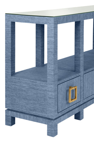 OPEN SHELF CONSOLE WITH THREE BOTTOM DRAWERS AND SQUARE SATIN BRASS HARDWARE IN DYED BLUE GRASSCLOTH