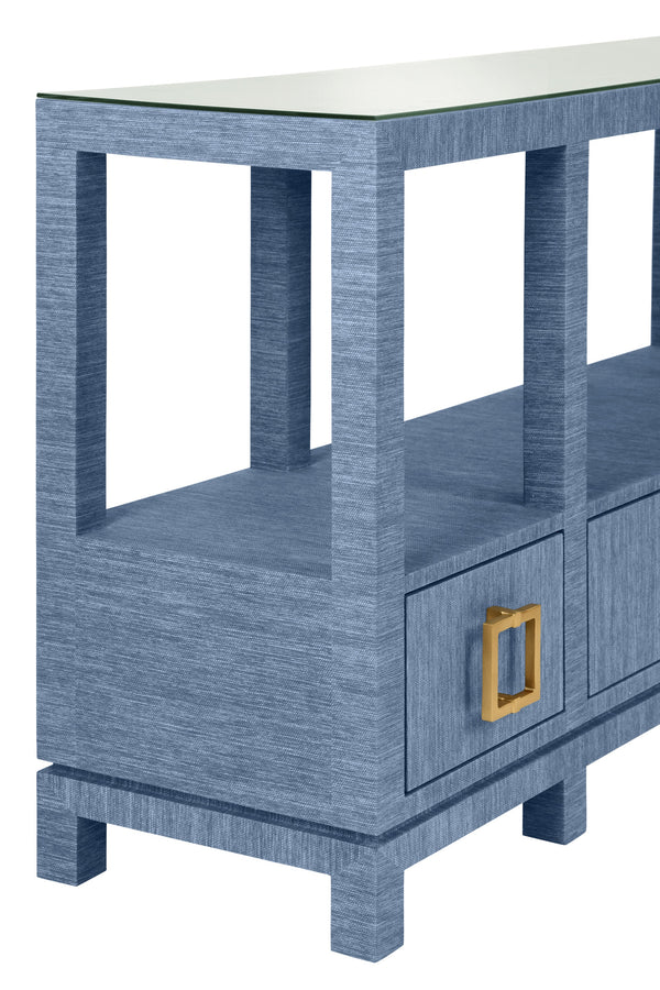 OPEN SHELF CONSOLE WITH THREE BOTTOM DRAWERS AND SQUARE SATIN BRASS HARDWARE IN DYED BLUE GRASSCLOTH