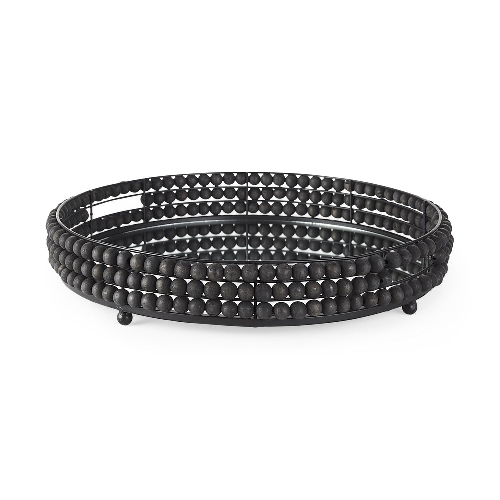 Decatur II 21L x 21W Black Wooden Bead Mirrored Bottom Round Tray