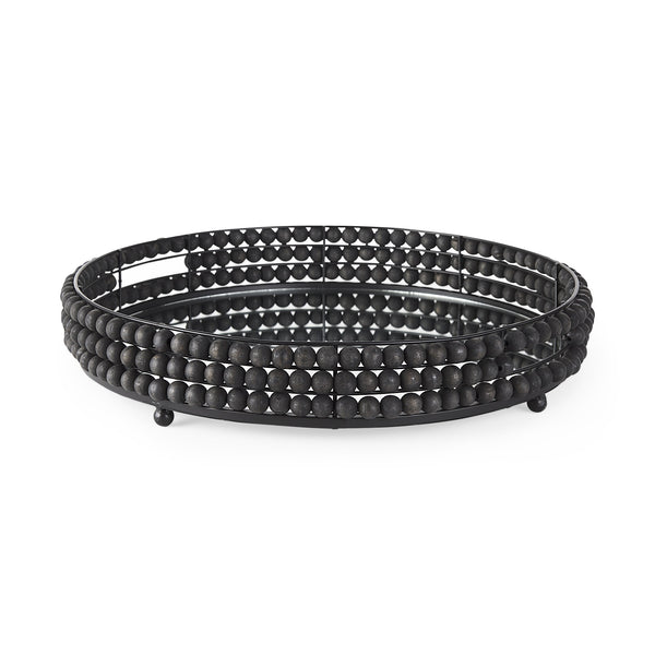 Decatur II 21L x 21W Black Wooden Bead Mirrored Bottom Round Tray
