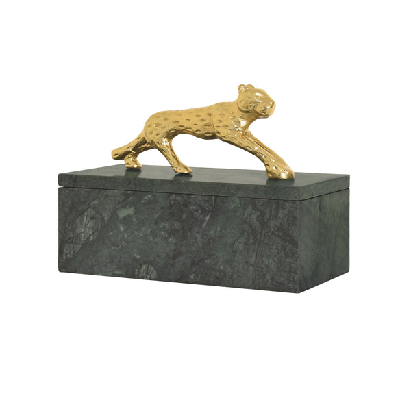 GREEN MARBLE BOX WITH BRASS JAGUAR HANDLE