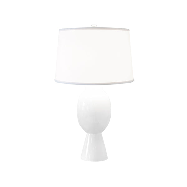 TALL BULB SHAPE CERAMIC TABLE LAMP WITH WHITE LINEN SHADE IN WHITE