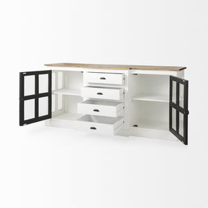 Bourchier 75x21 White/Black Solid Wood Frame Brown Top 4 Drawer 2 Glass Cabinet Buffet