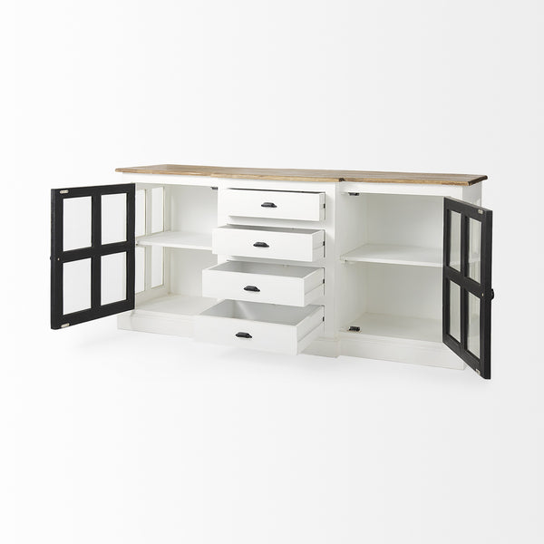 Bourchier 75x21 White/Black Solid Wood Frame Brown Top 4 Drawer 2 Glass Cabinet Buffet