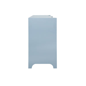 CURVED FRONT TWO DOOR THREE DRAWER BUFFET IN TEXTURED LIGHT BLUE LINEN WITH SATIN BRASS RING HARDWARE