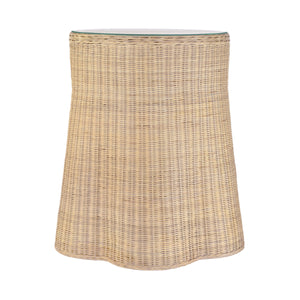 ONE DRAWER ROUND SIDE TABLE WITH FLARED SCALLOPED BASE IN RATTAN WITH GLASS TOP