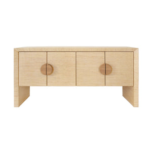 FOUR DOOR BUFFET IN NATURAL GRASSCLOTH WITH CERUSED OAK HANDLES