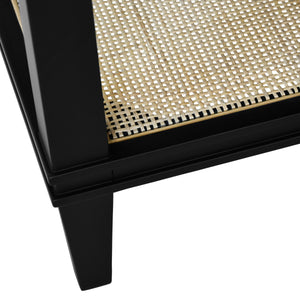BATH VANITY IN MATTE BLACK LACQUER WITH OPEN CANE SHELF, WHITE MARBLE TOP, PORCELAIN SINK, AND ANTIQUE BRASS RING HARDWARE