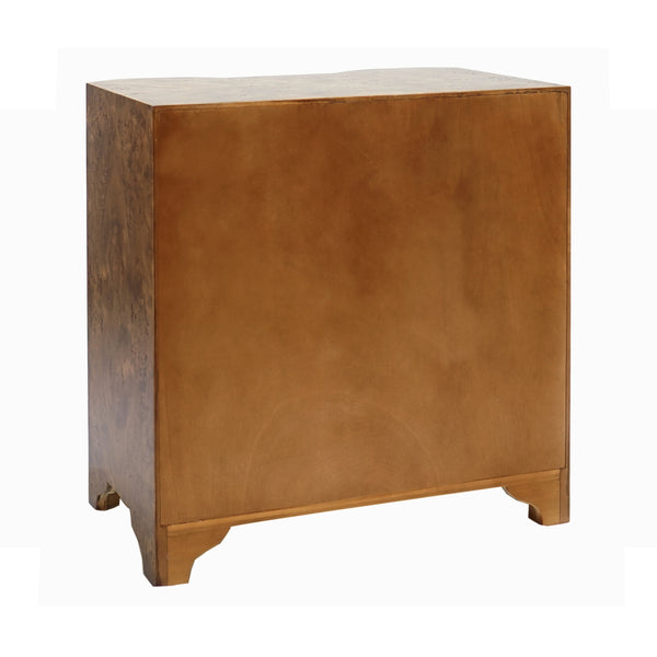 THREE DRAWER SIDE TABLE IN DARK BURL WOOD WITH ACRYLIC HARDWARE