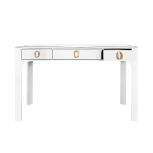 CURVED FRONT DESK WITH THREE DRAWERS IN WHITE TEXTURED LINEN WITH SATIN BRASS RING HARDWARE AND GLASS TOP