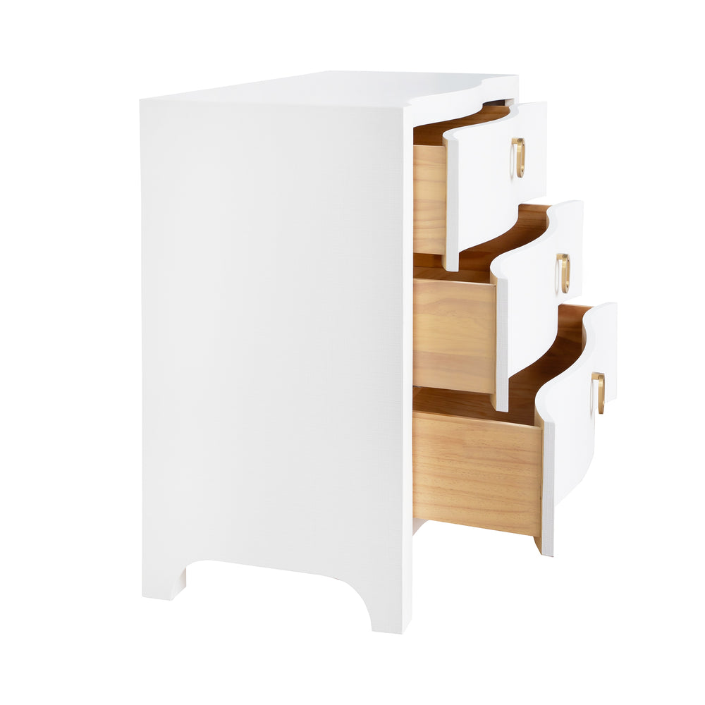 CURVED FRONT CHEST WITH THREE DRAWERS IN WHITE TEXTURED LINEN WITH SATIN BRASS RING HARDWARE