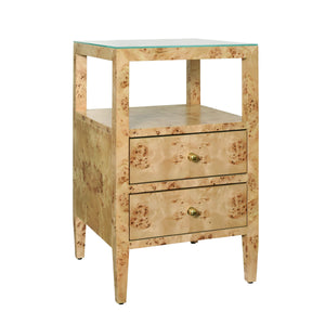 TWO DRAWER SIDE TABLE IN BURL WOOD WITH POLISHED BRASS KNOBS