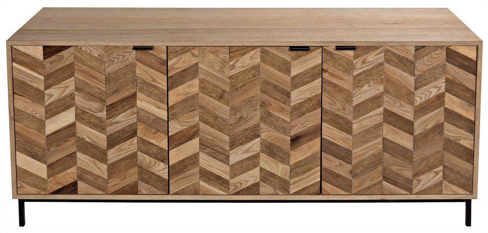 Herringbone Walnut and Veneer Sideboard with Matte Black Industrial Steel Base in Dark and Washed Walnut Finish