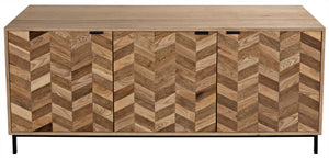 Herringbone Walnut and Veneer Sideboard with Matte Black Industrial Steel Base in Dark and Washed Walnut Finish