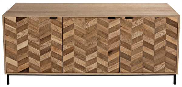 Herringbone Walnut and Veneer Sideboard with Matte Black Industrial Steel Base in Dark and Washed Walnut Finish