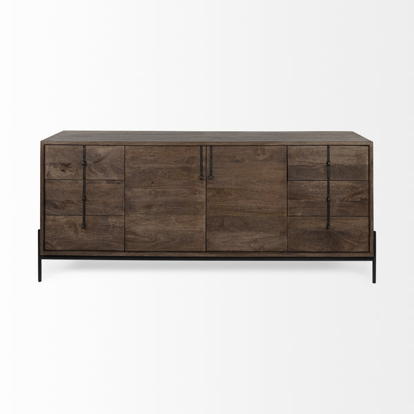 Glenn VI 71.5x18 Dark Brown Wood Frame w/ Black Iron Accent, 6 Drawer, 2 Door Cabinet Sideboard