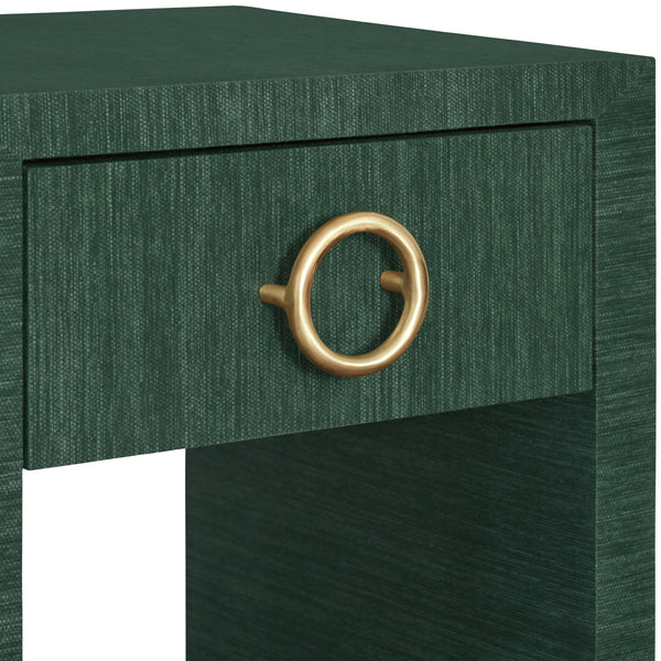 ONE DRAWER SIDE TABLE WITH ANTIQUE BRASS CIRCLE HARDWARE IN DYED GREEN GRASSCLOTH