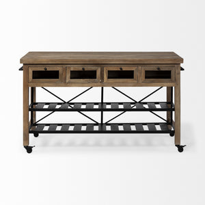 Stuart I Brown Solid Wood Top Two-Tier Black Metal Rolling Kitchen Island