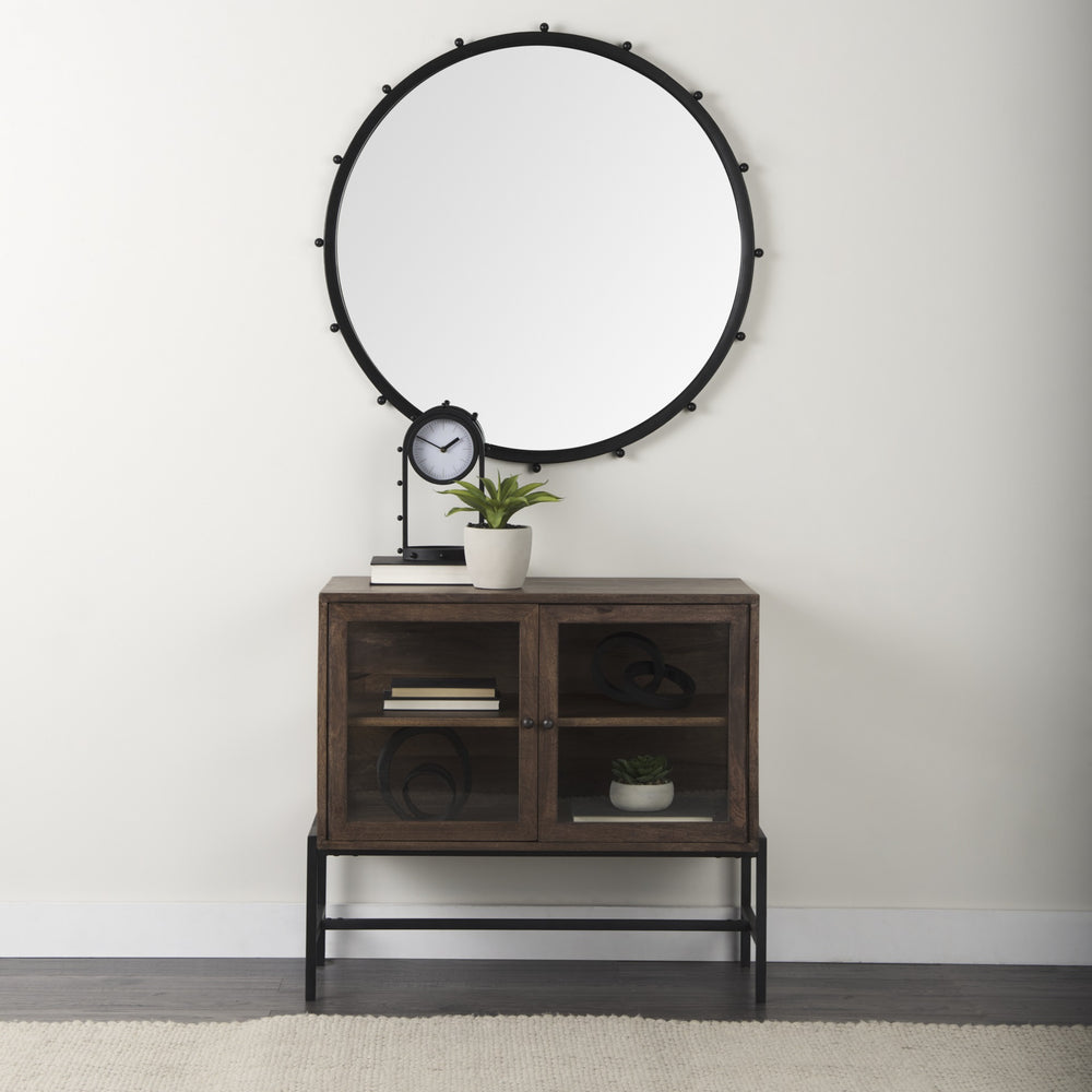 Arelius 36L x 18W x 32H Medium Brown Wood, Black Metal Base w/ 2 Glass Doors Accent Cabinet