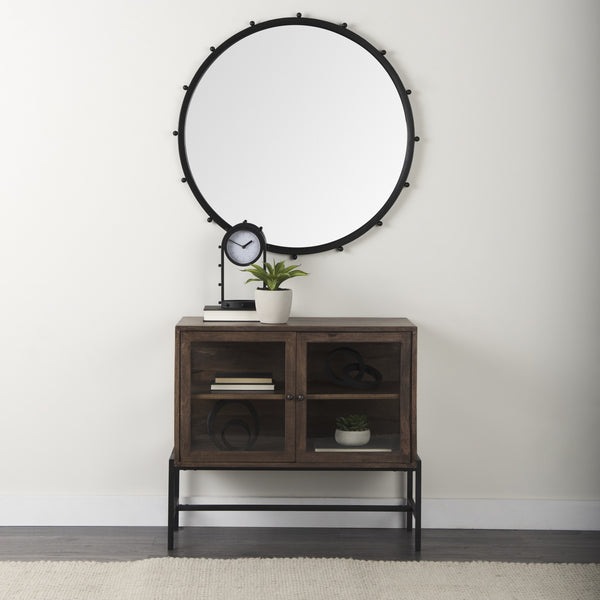 Arelius 36L x 18W x 32H Medium Brown Wood, Black Metal Base w/ 2 Glass Doors Accent Cabinet