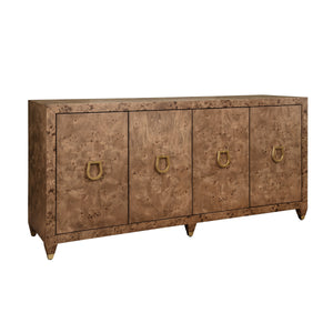 FOUR DOOR BUFFET WITH SATIN BRASS HORSEBIT INSPIRED HARDWARE AND FOOT CAPS IN DARK BURL WOOD
