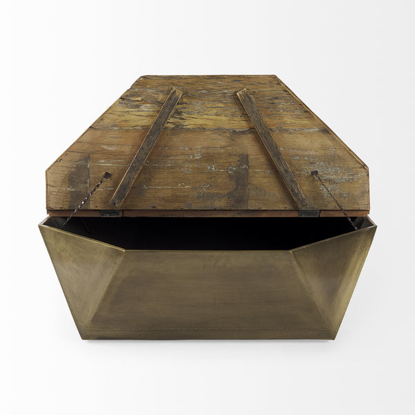 Esagono Octagonal Gold Metal-Clad Reclaimed Wood Coffee Table w/ Storage
