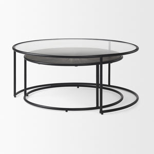 Arlo 40.0L x 40.0W x 17.0H Set of 2 Brown Wood and Glass W/Black Metal Coffee Tables