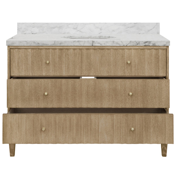 BATH VANITY WITH VERTICAL FLUTED DETAIL ON DRAWERS IN CERUSED OAK WITH WHITE MARBLE TOP, PORCELAIN SINK, AND POLISHED BRASS KNOBS, 48" WIDE