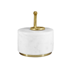 WHITE MARBLE CONTAINER WITH BRASS SNAKE TOP AND BOTTOM BRASS RIM