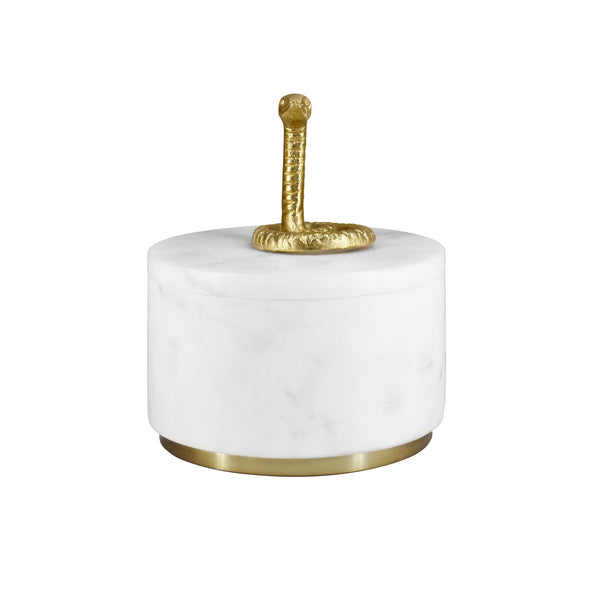 WHITE MARBLE CONTAINER WITH BRASS SNAKE TOP AND BOTTOM BRASS RIM
