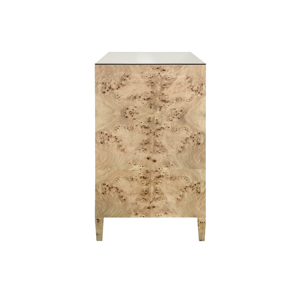 FOUR DRAWER CHEST IN BURL WOOD WITH GLASS TOP