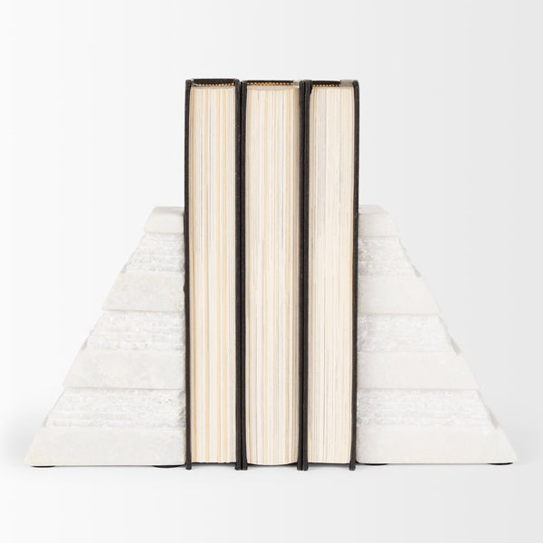Cavetto White Marble Bookends w/rough carving S/2