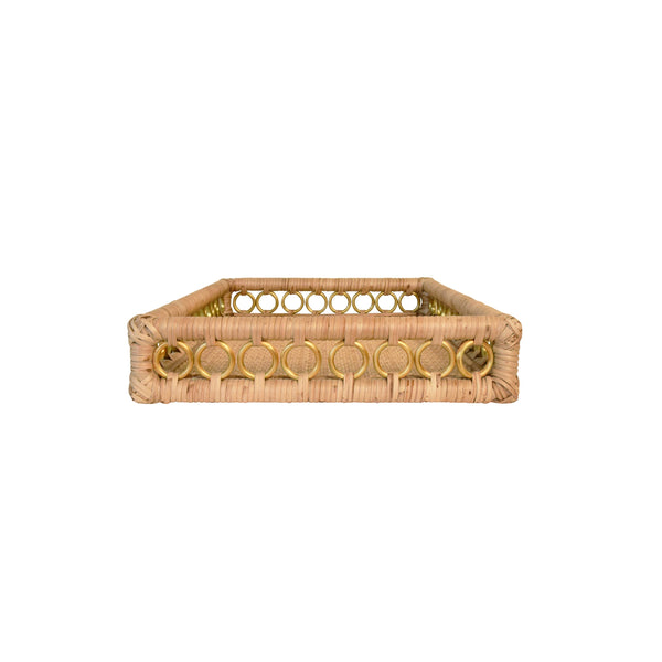 RECTANGULAR NATURAL RATTAN TRAY WITH BRASS RING DETAIL ON EDGE