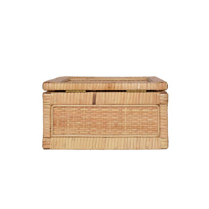 SMALL NATURAL RATTAN DECORATIVE BOX WITH BRASS FOOT CAPS